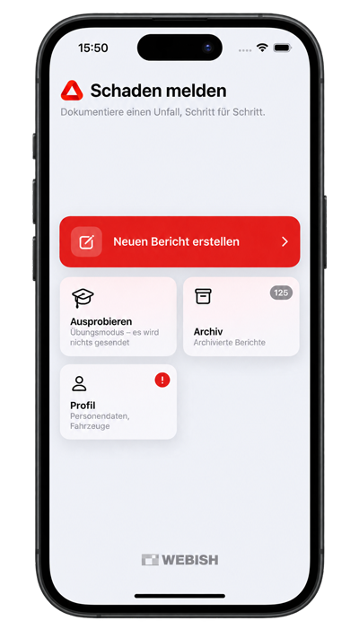Aktuelle Startansicht des Accident Tools mit neuem Bericht, Übungsmodus, Archiv und Profil