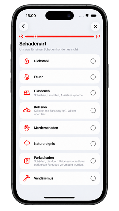 Aktuelle Auswahl der Schadenarten im Accident Tool