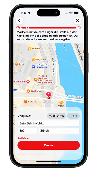 Kartenansicht zur Erfassung von Unfallort, Adresse und Zeitpunkt