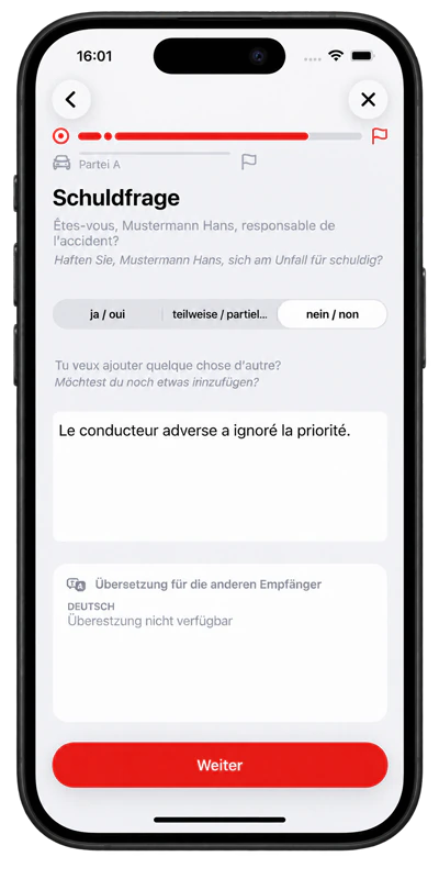 Întrebarea privind răspunderea în germană și franceză, cu zonă de traducere