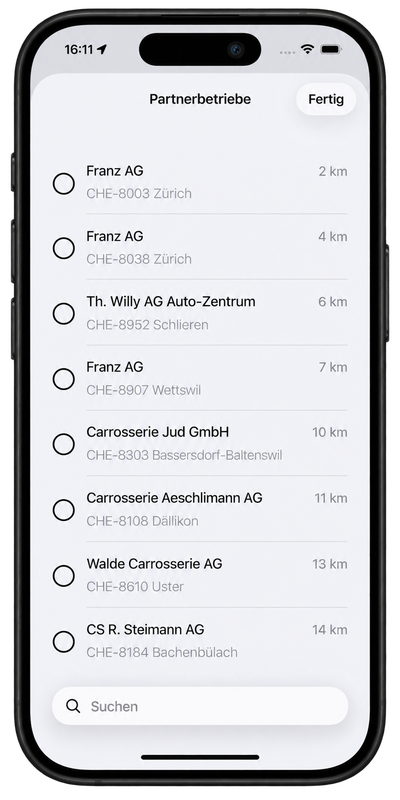 Liste von Reparaturbetrieben nach Distanz mit Suchfunktion