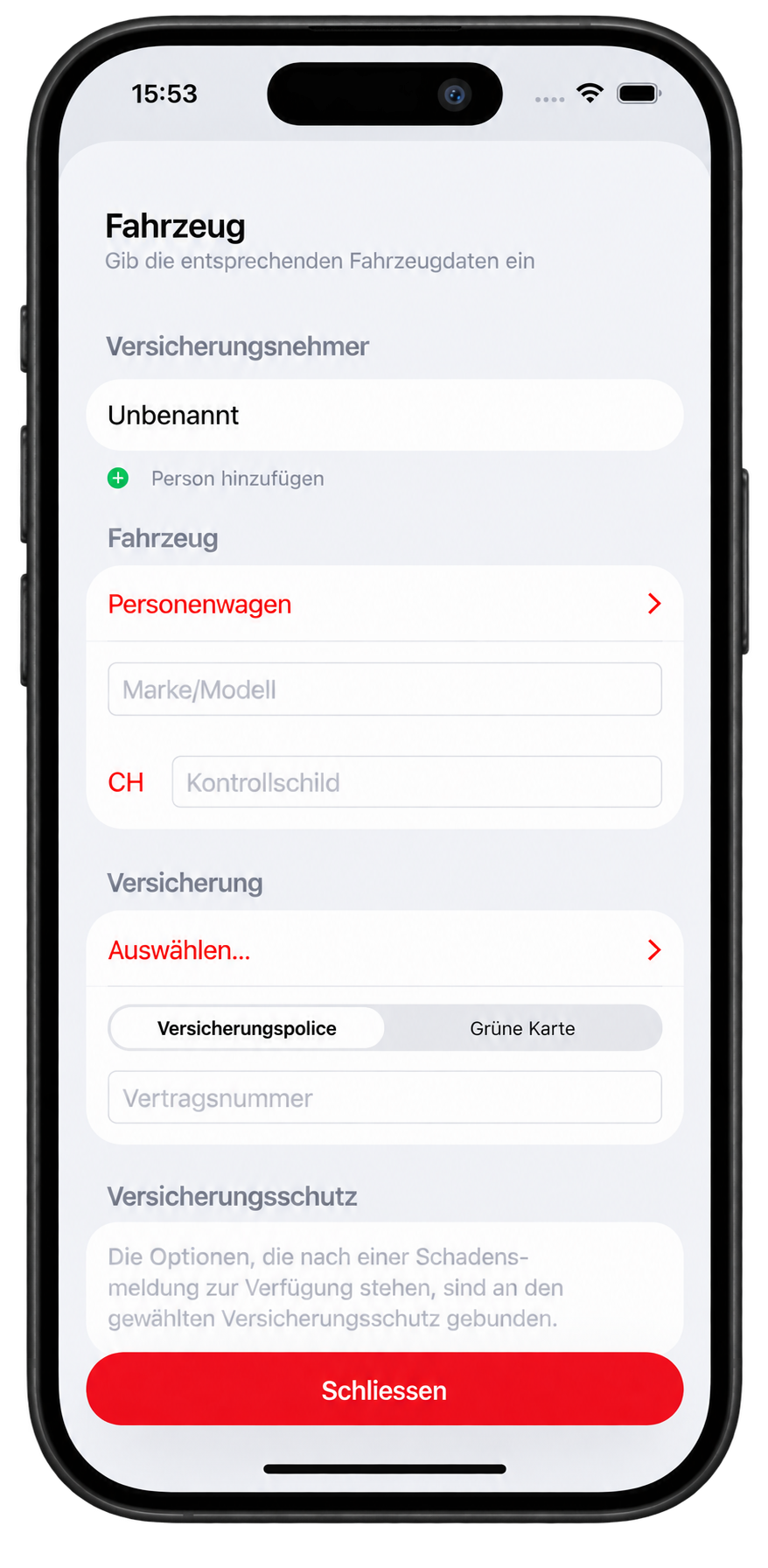Fahrzeugprofil mit Halter, Fahrzeug und Versicherungsangaben