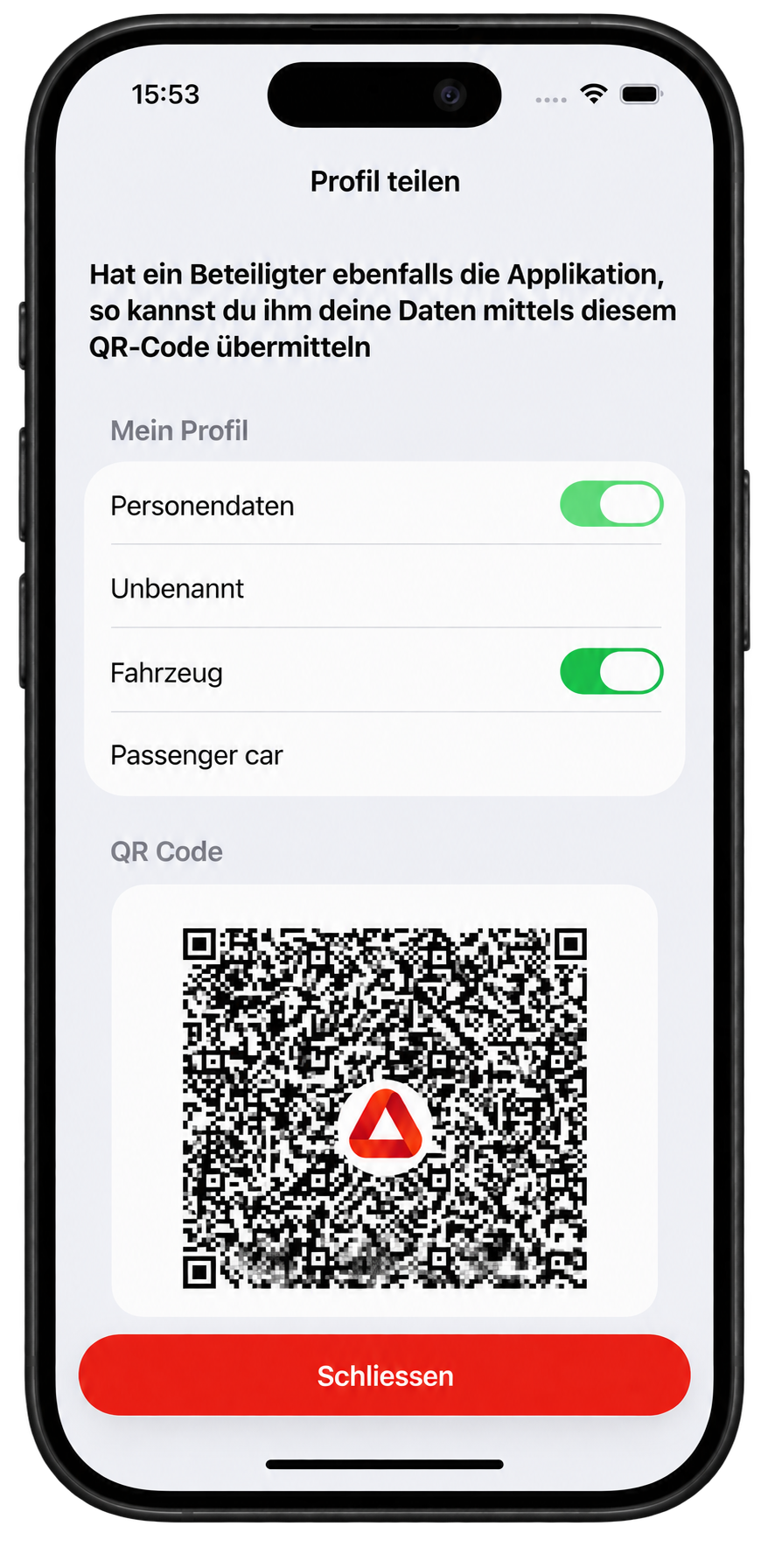Profil teilen mit auswählbaren Personen- und Fahrzeugdaten sowie QR-Code