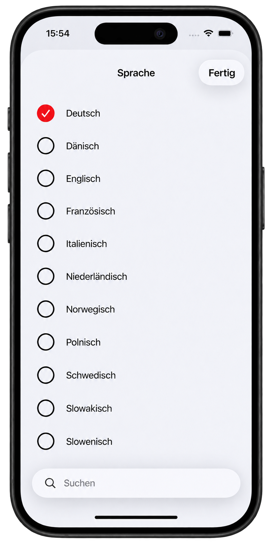 Sprachauswahl mit den unterstützten Sprachen