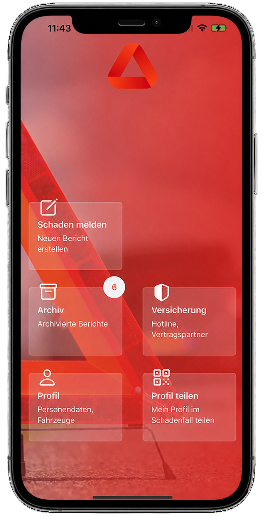 Startansicht des Accident Tools auf einem Smartphone