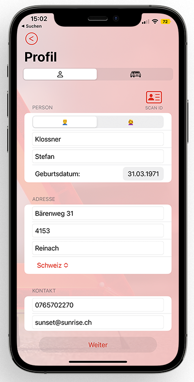 Erfassung von persönlichen und Fahrzeugdaten